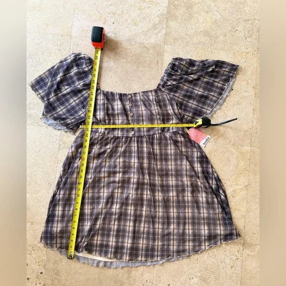 NWT Arula Altar’d State Black Beige Plaid Mesh Flutter Sleeve Dress 1X - Picture 5 of 8